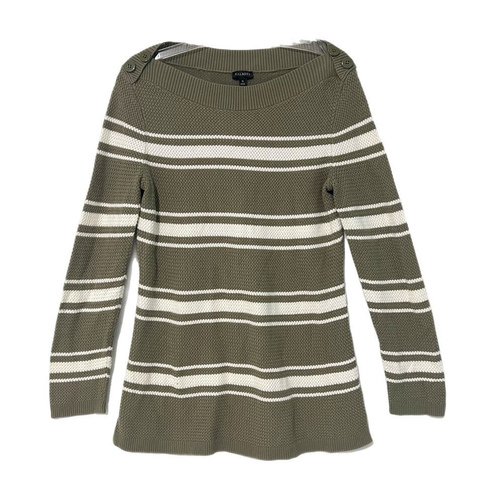 Talbots Sweater Womens Medium Green Basket Weave Cotton Blend Striped Nautical